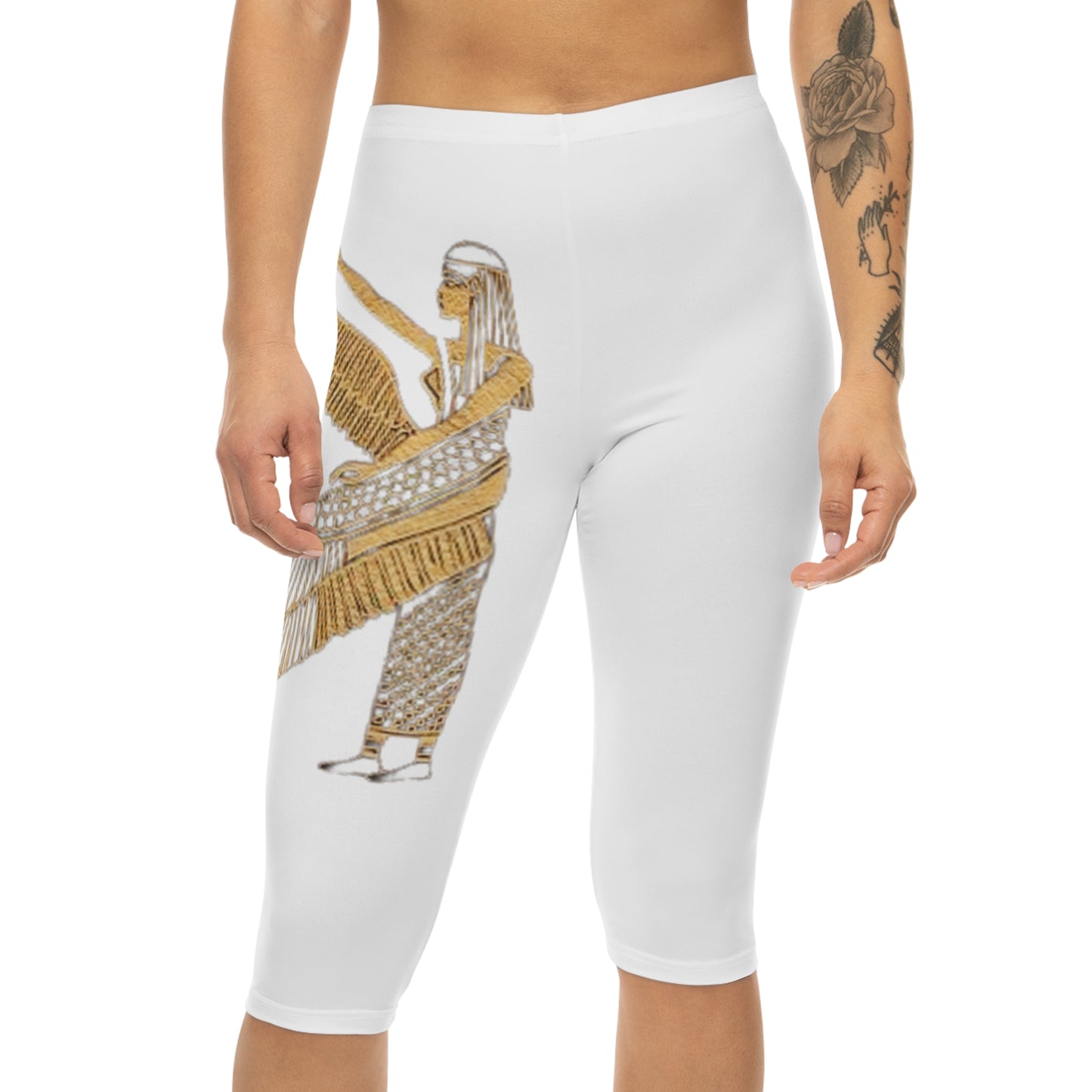 Elegant Egyptian-Inspired Women’s Capri Leggings with Golden Wing Design