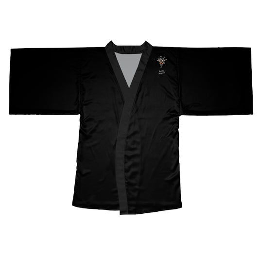 Elegant Black Long Sleeve Kimono Robe w. company logo for Relaxation and Self-Care