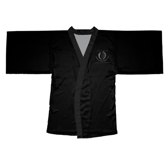 Elegant Black Long Sleeve Kimono Robe w. company logo for Relaxation and Self-Care