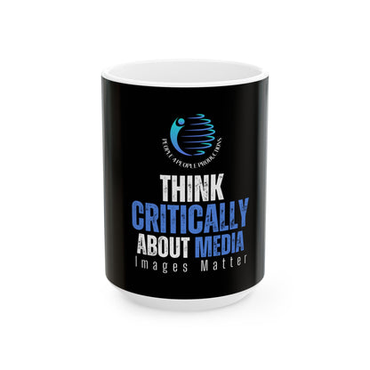 Taza de cerámica con texto "Piense críticamente sobre los medios": taza de café de 11 oz o 15 oz para debates reflexivos